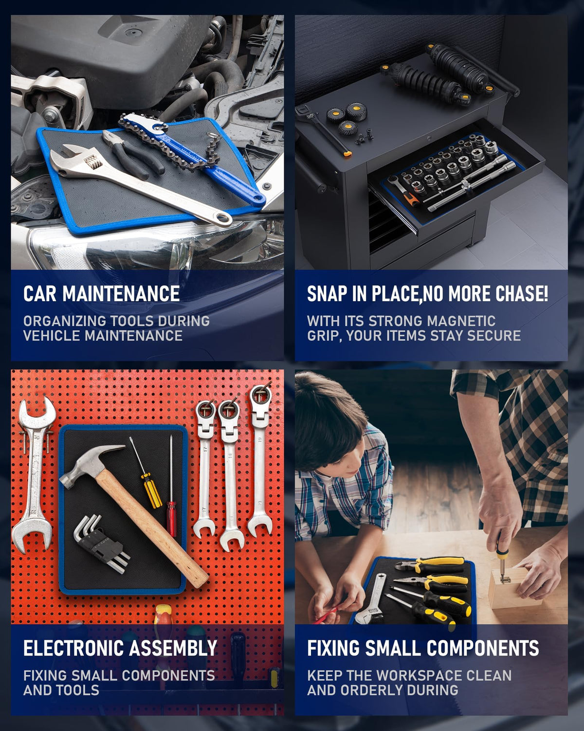HIPULX mat placed on vehicle work tray keeping parts contained