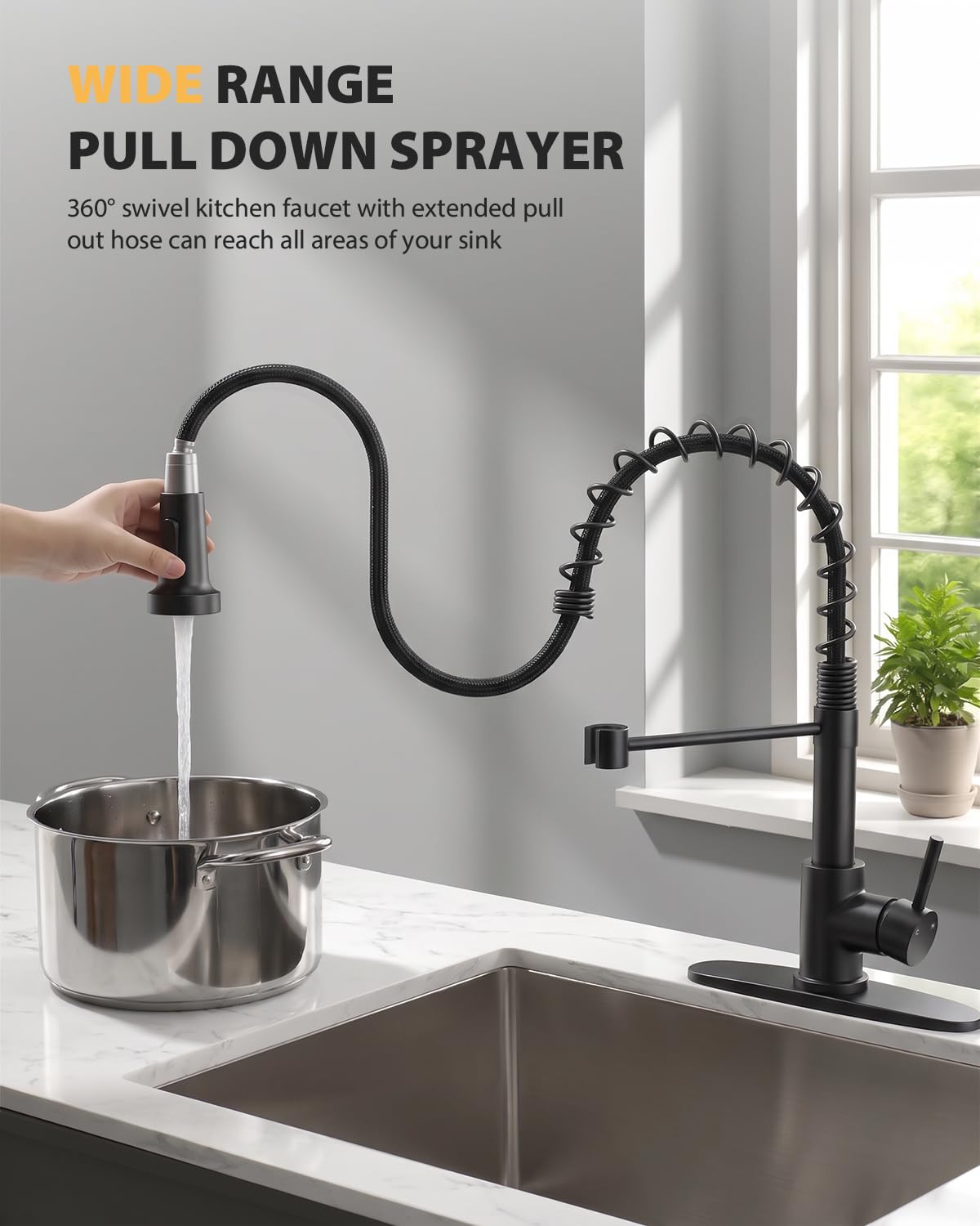 Hiqufet close-up of pull-down sprayer head for targeted rinsing