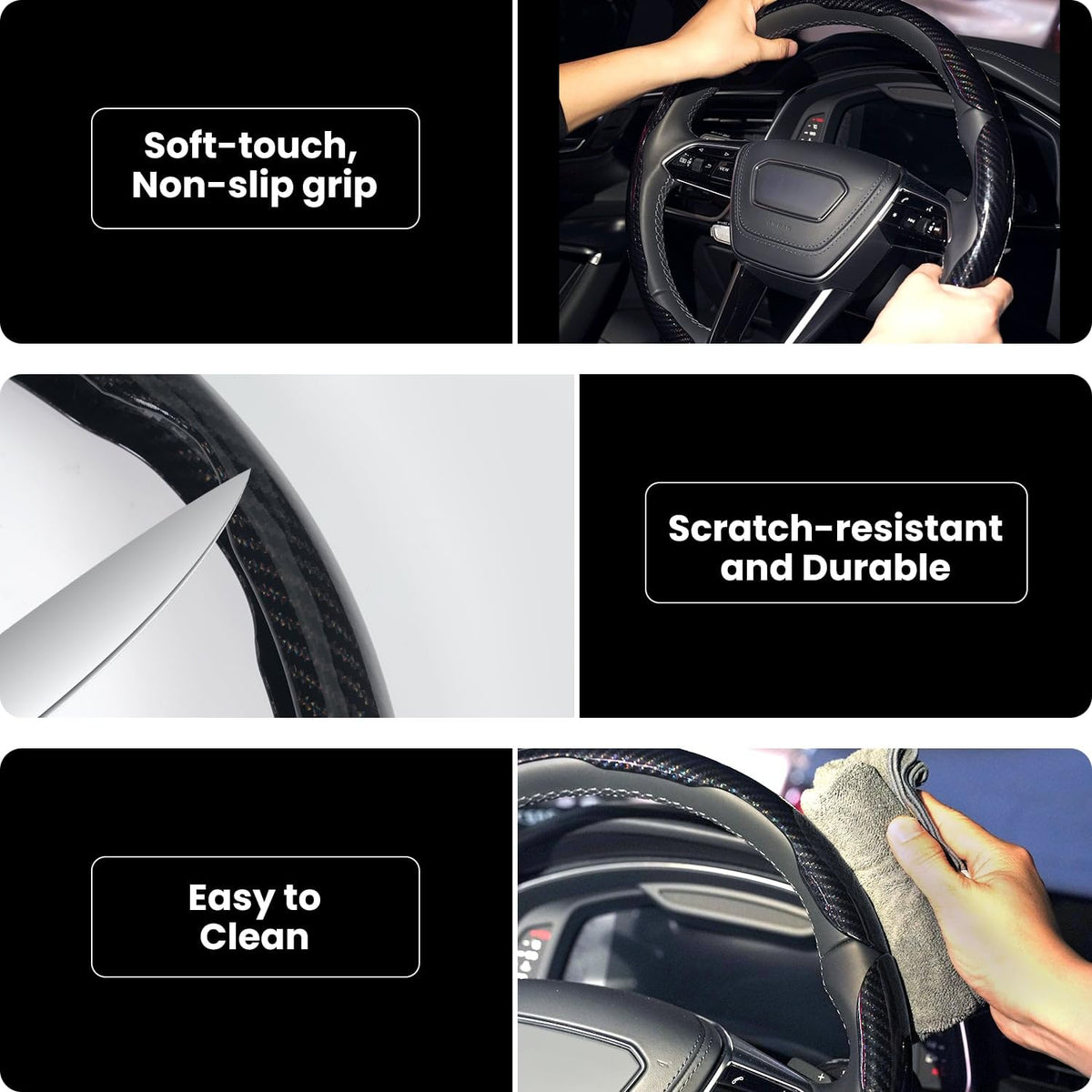 Hiseanllo cover fitted on steering wheel showing fit for 14–16 inch wheels