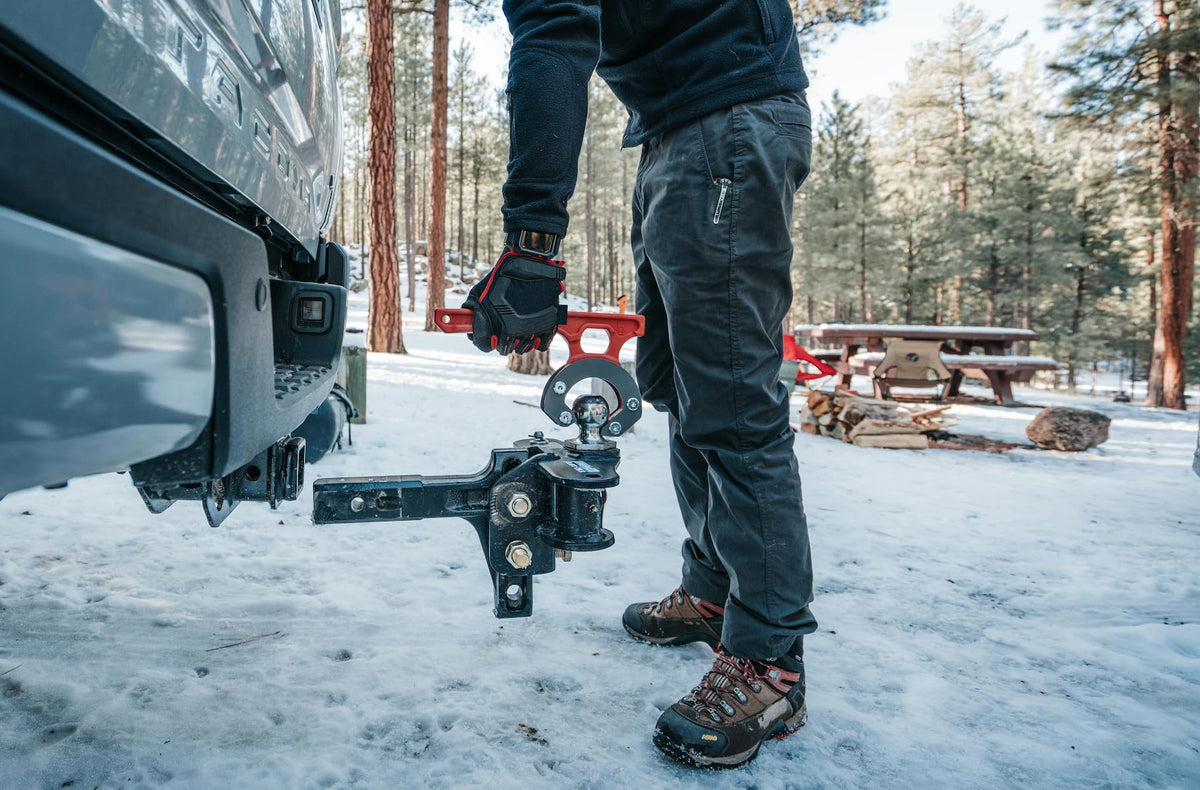 HitchGrip in use aligning a travel trailer coupler for safer hookups