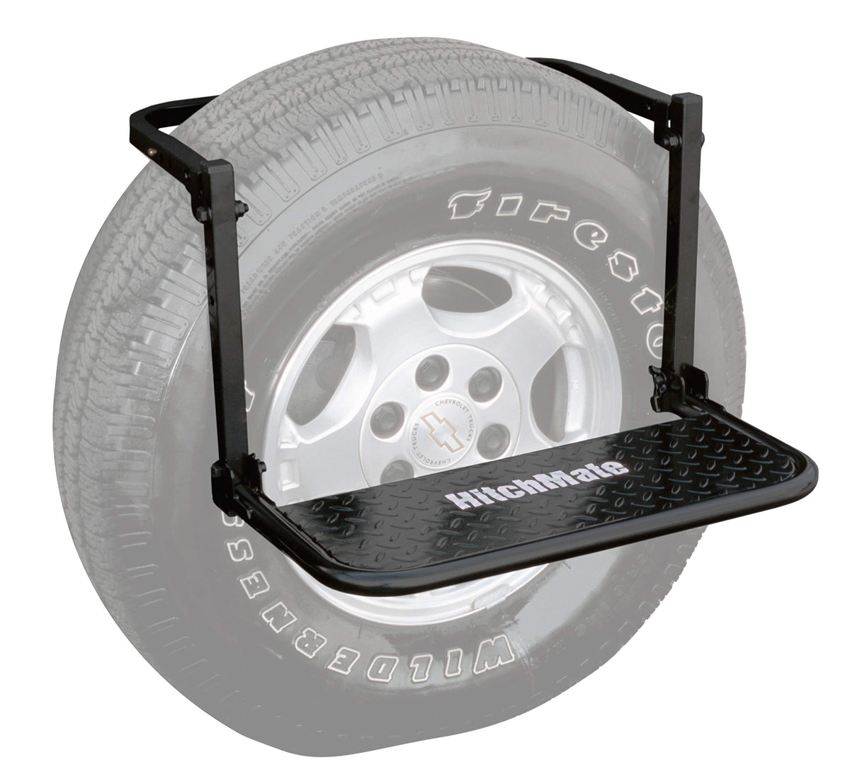 HitchMate TireStep front view showing platform and frame, stable access