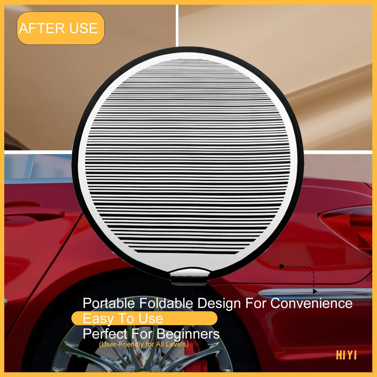 HiYi dent reflector in use reflecting a door ding for targeted repair guidance