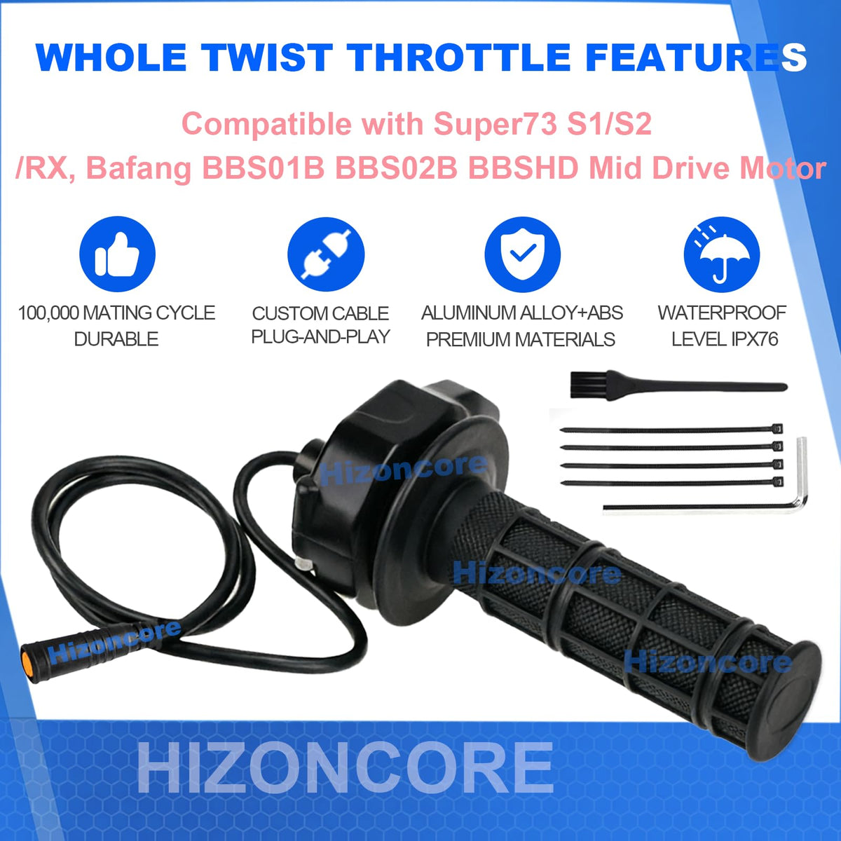 Hizoncore 3-pin waterproof connector detail offering reliable wet-weather connection