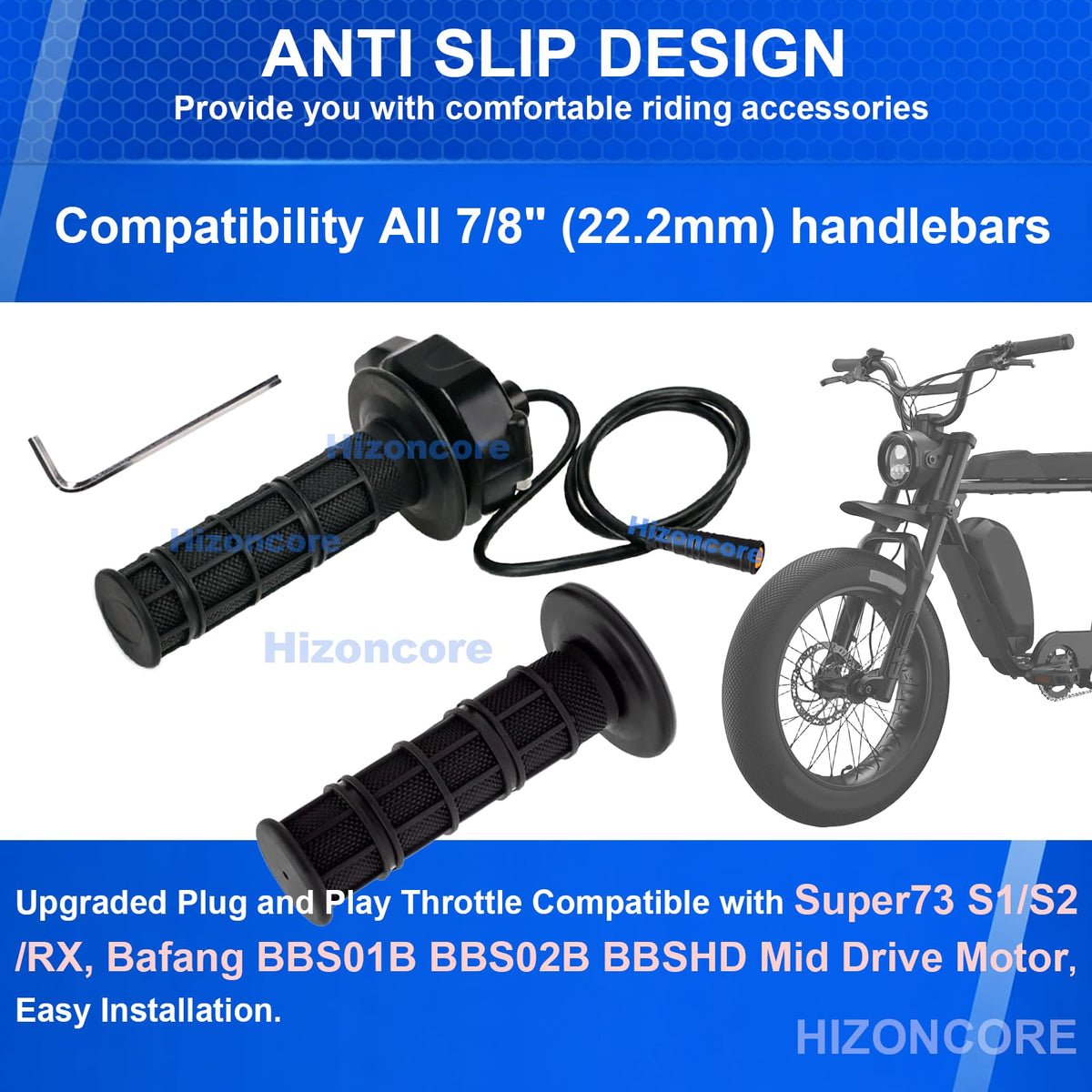 Hizoncore throttle installed on Super73 handlebar showing easy replacement fit