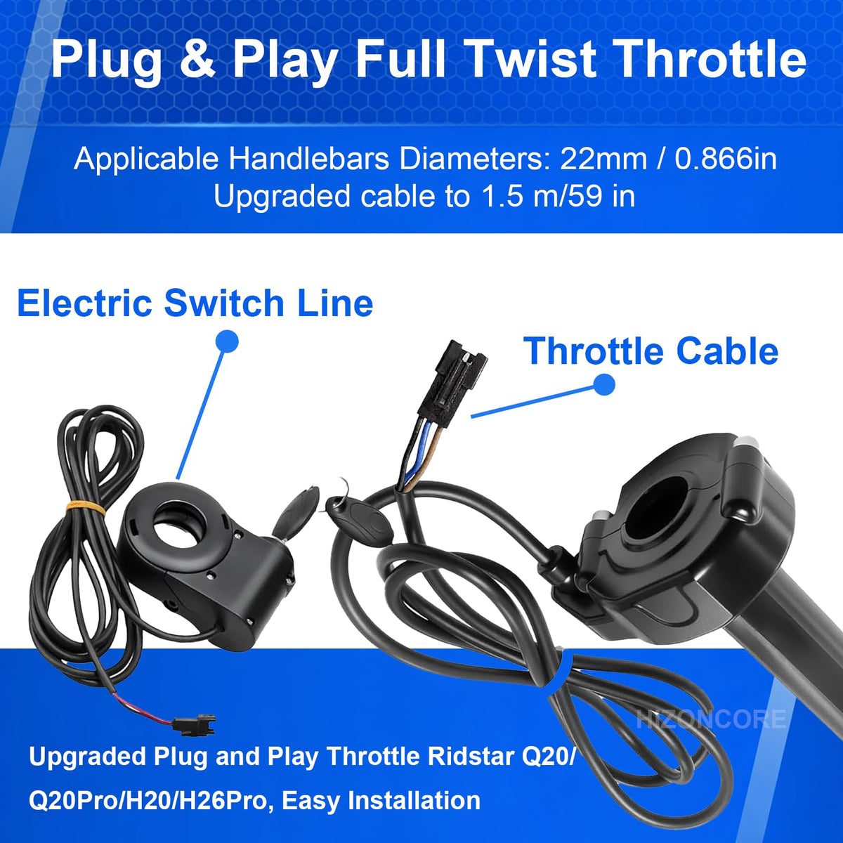 Hizoncore Ridstar Q20 throttle mounted on handlebar demonstrating easy install and rider ergonomics