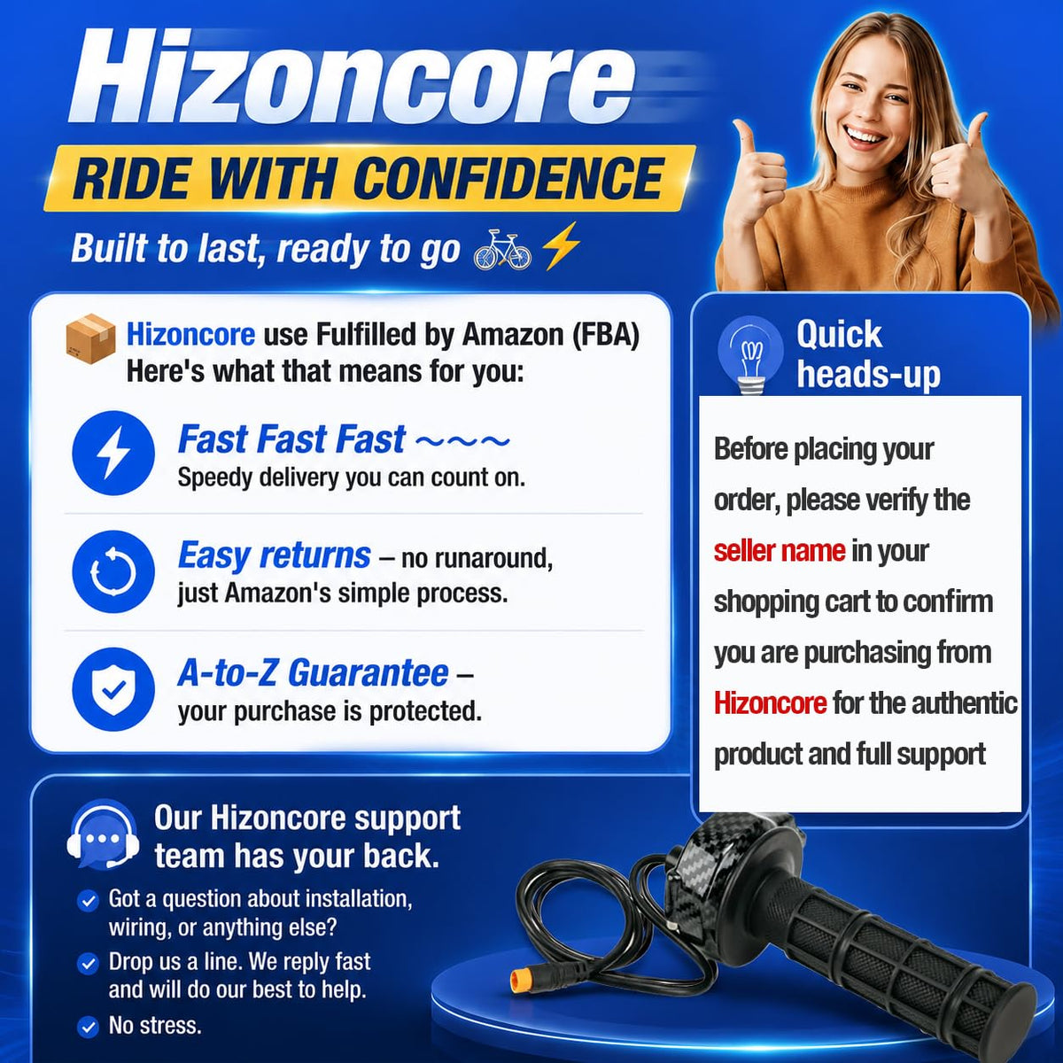 Hizoncore throttle mounted on 22mm handlebar showing correct fit benefit