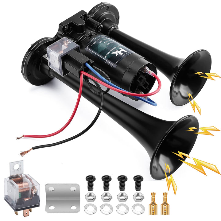 HK dual trumpet front view showing loud horn assembly and clear projection benefit