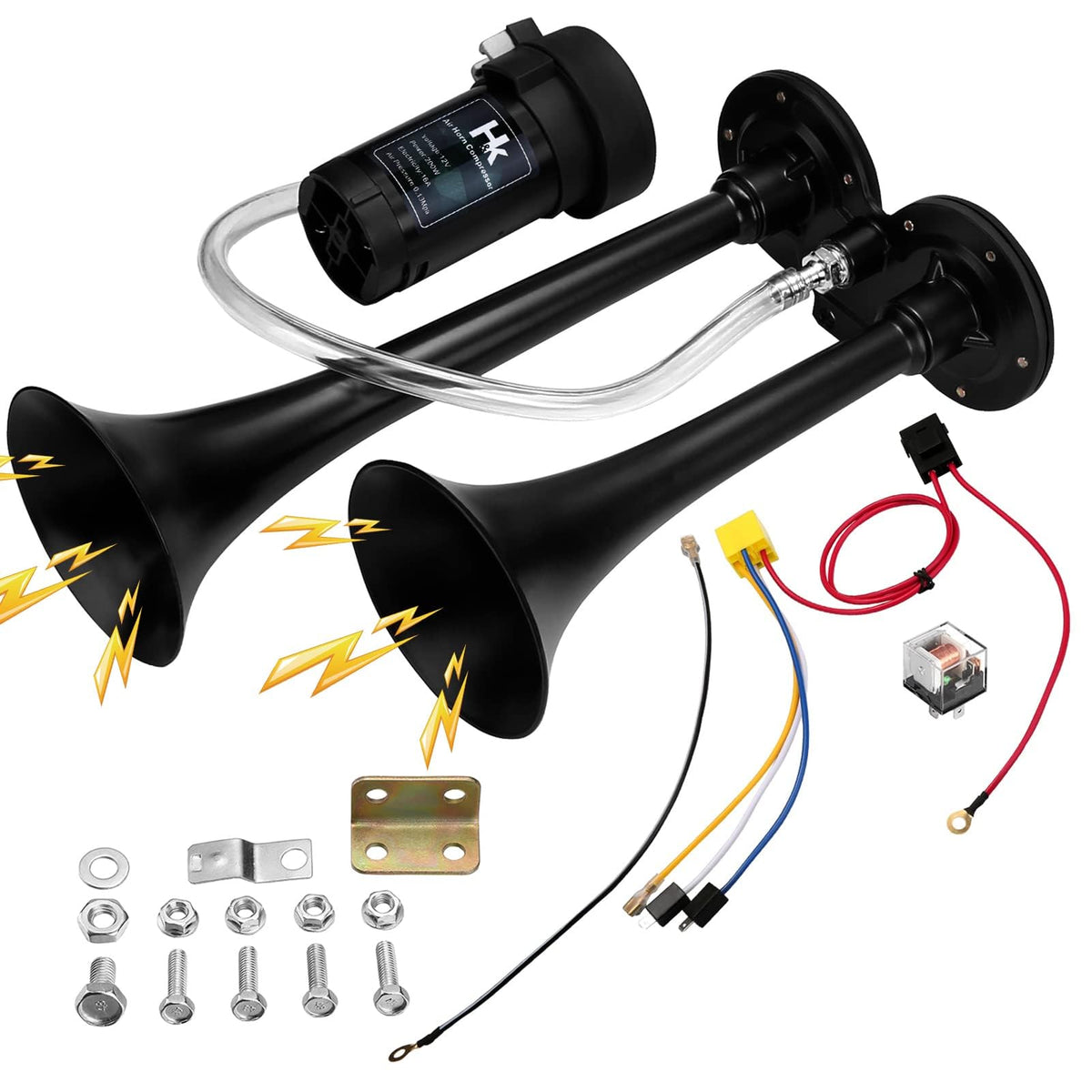 HK dual trumpet front view showing compact powerful horn benefit