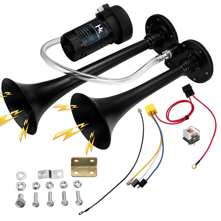 HK dual trumpet front view showing compact powerful horn benefit