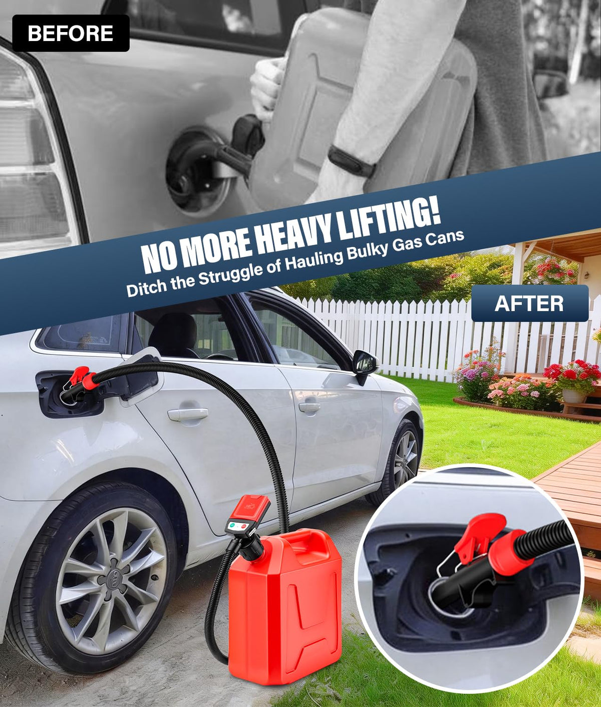 HK pumping fuel into a lawn mower for fast, mess-free refills