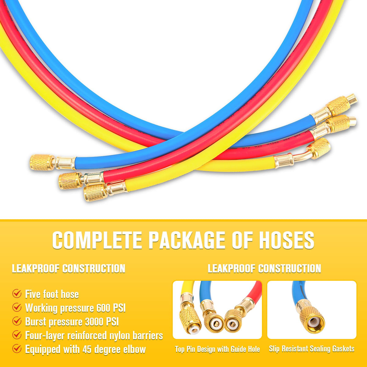HLHgirl hoses stretched alongside ruler showing five-foot length for reach