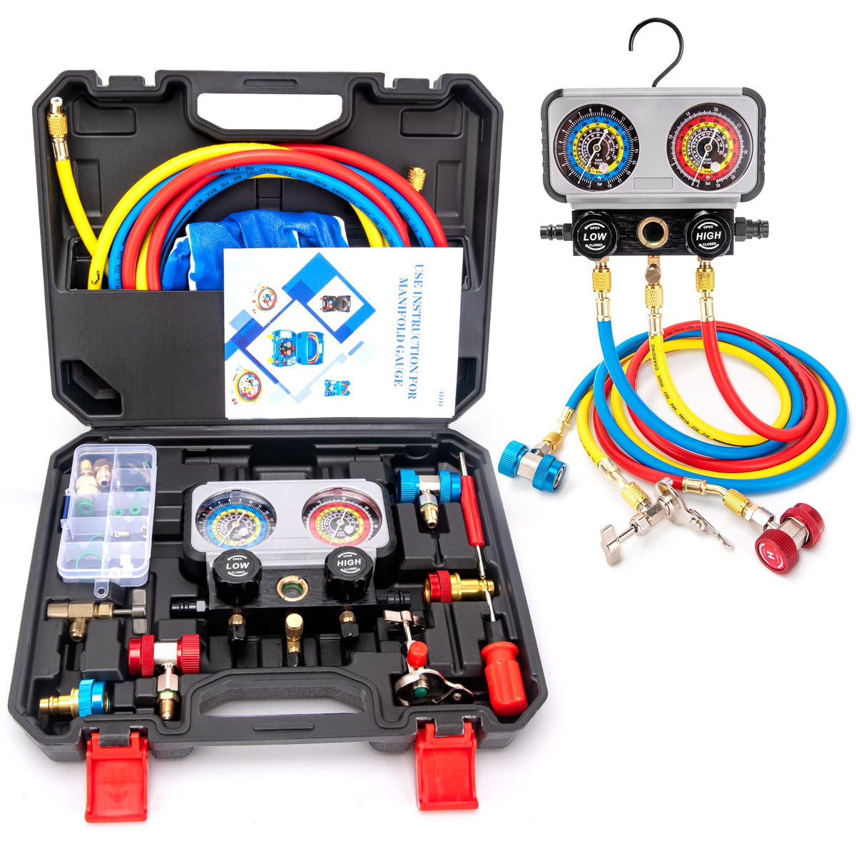HLHgirl front view of manifold assembly showing color-coded gauges for quick readings