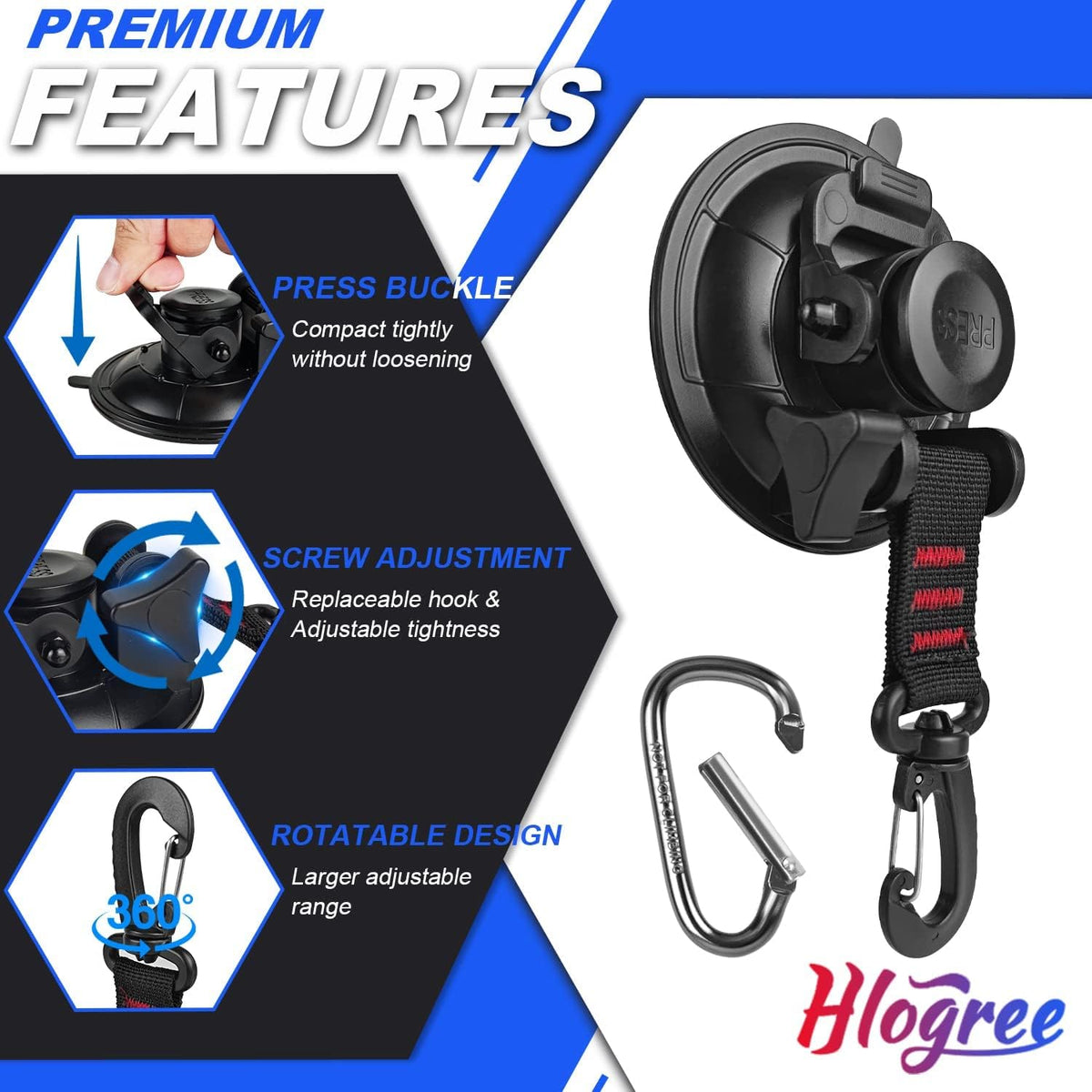 HLOGREE hand pressing and locking suction cup illustrating simple four-step installation