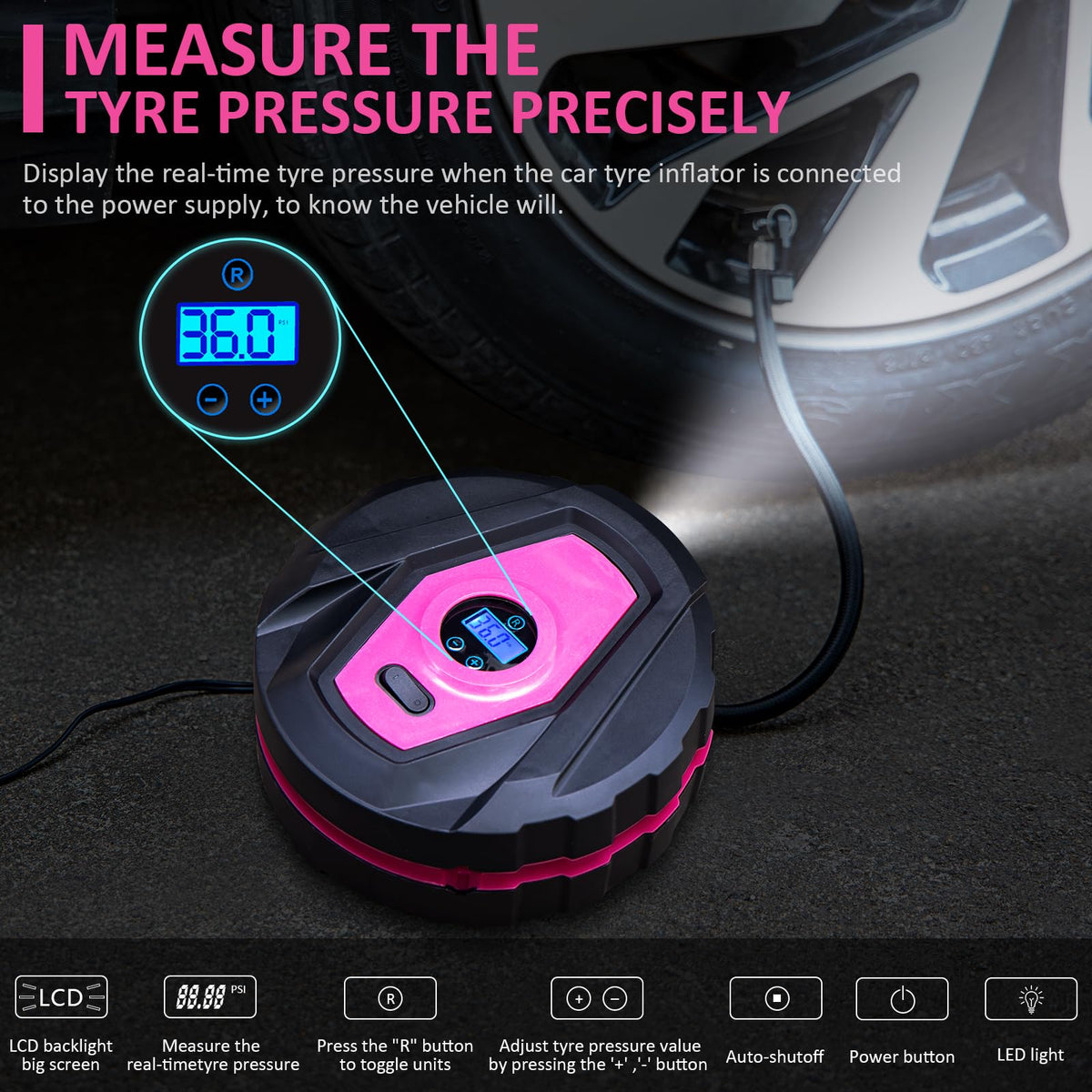 HLWDFLZ portable air compressor close-up highlighting fast 12V inflation benefit