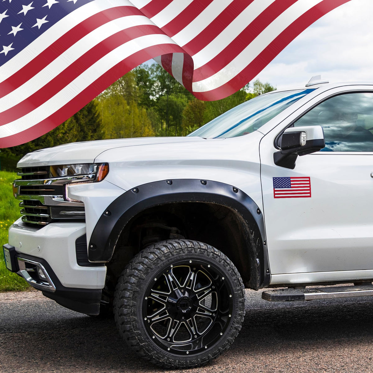 HMmagnets flag mounted on truck tailgate for clear visibility