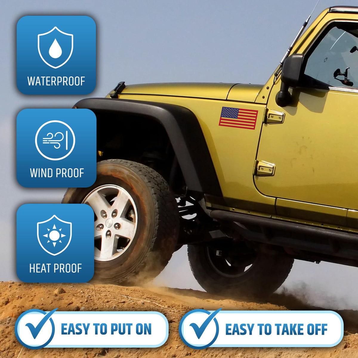 HMmagnets flag on vehicle in rain showing weather resistance
