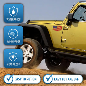 HMmagnets flag on vehicle in rain showing weather resistance