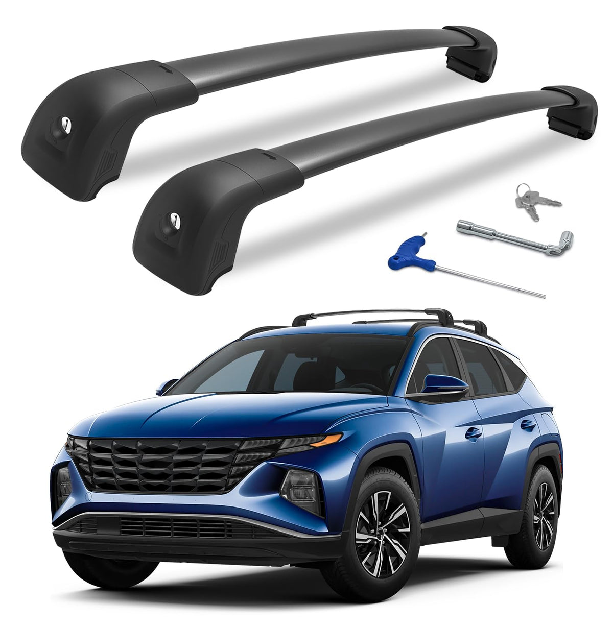 HmmtyRack front profile on Hyundai Tucson showing low-profile fit and stability