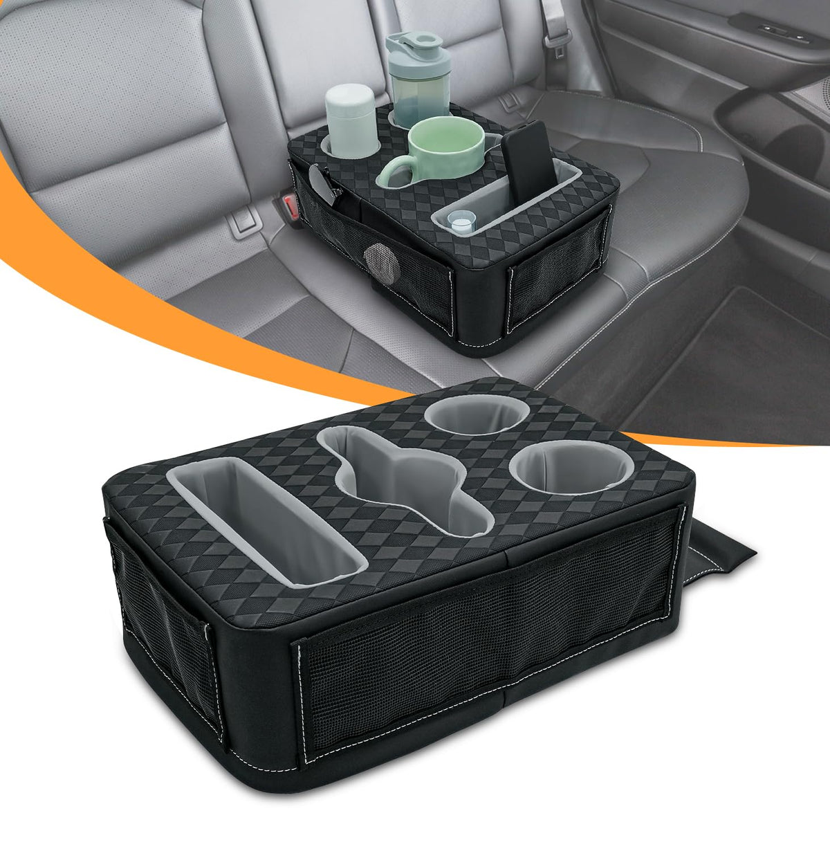 HmmtyRack front view showing three cup holders and neat organization benefit