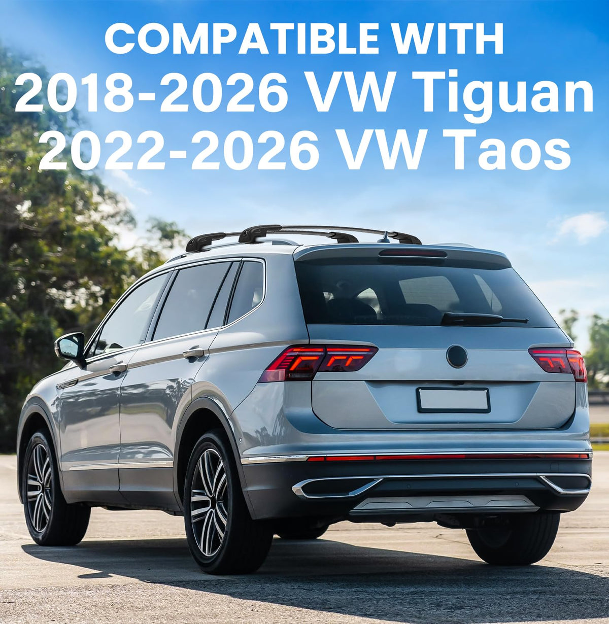 HmmtyRack rear crossbar on Tiguan illustrating stable rear mounting benefit