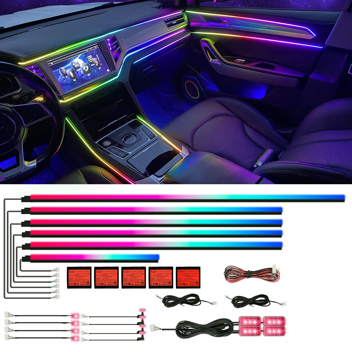 HMYC front packaging showing full six-piece LED interior kit benefits