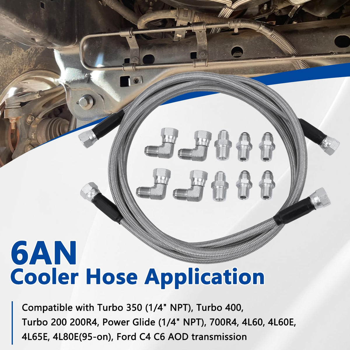 HNeekyr hoses installed on a transmission cooler line illustrating practical routing and cooling application
