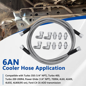 HNeekyr hoses installed on a transmission cooler line illustrating practical routing and cooling application