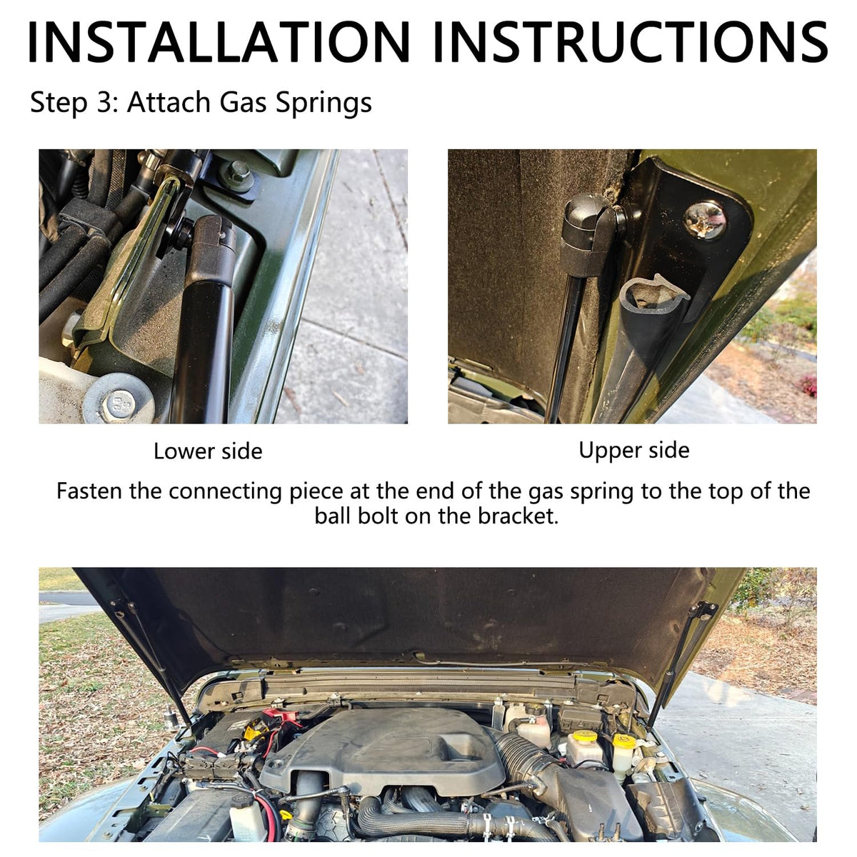 HNeekyr strut mounted on Wrangler hood demonstrating hands-free opening benefit