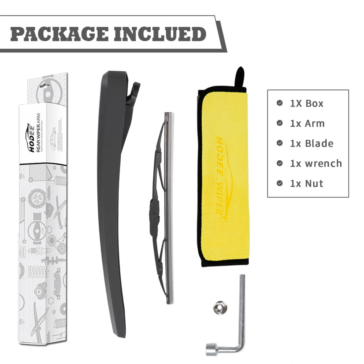 HODEE rear wiper kit with tools and towel showing DIY-ready installation convenience