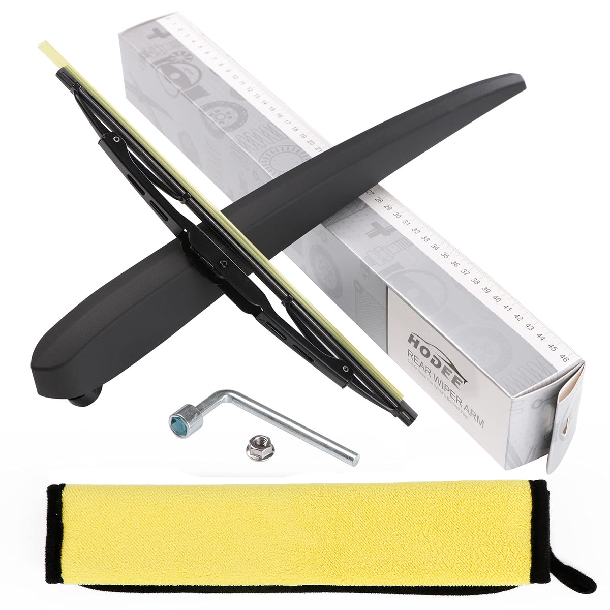 HODEE rear wiper kit front packaging showing all included parts and easy installation benefit