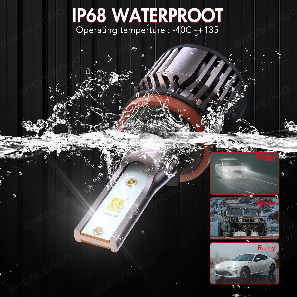 HOEDUI bulbs with water droplets illustrating IP68 waterproof protection