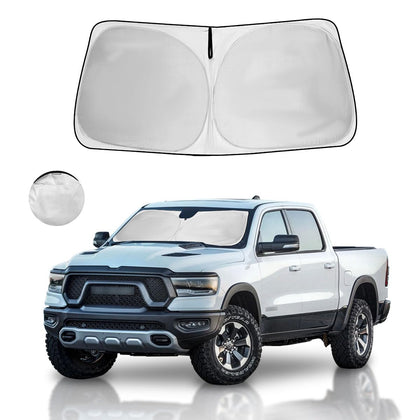 HOHUIGO front view of windshield shade fitted on truck, showing full coverage benefit