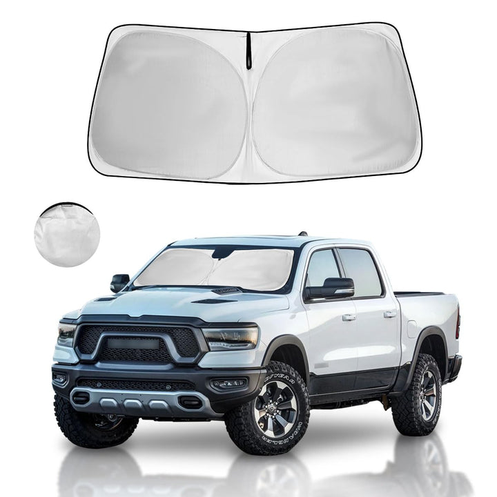 HOHUIGO front view of windshield shade fitted on truck, showing full coverage benefit