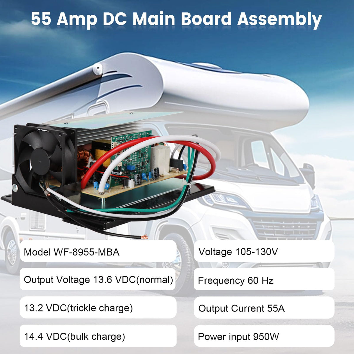 Hoiedt WF-8955 installed inside an RV power center restoring DC power