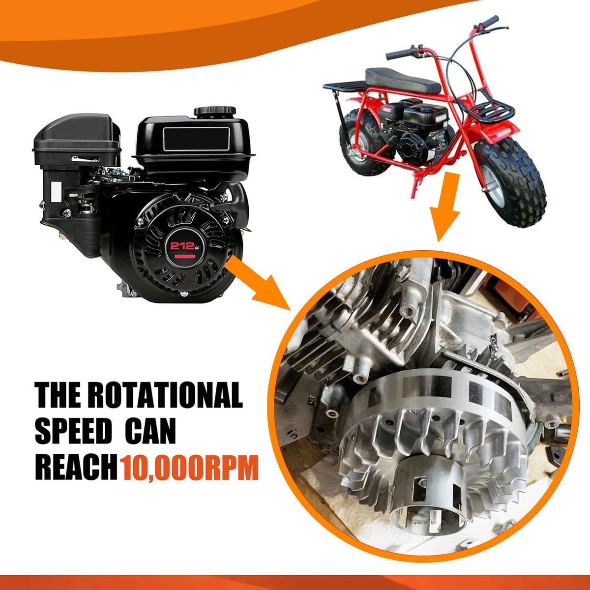 HOLATO kit contents laid out: flywheel, valve springs, spark plug, key, and three main jets for tuning