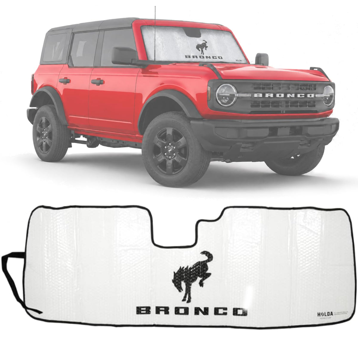 Holda front view of sunshade packaging showing official Bronco logo and fit benefit
