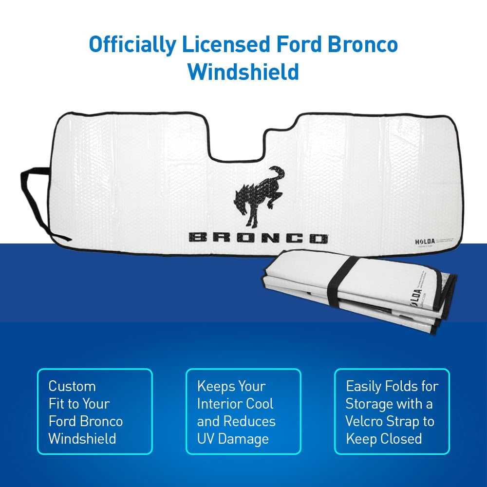 Holda sunshade installed on Bronco windshield for full coverage and cooling benefit