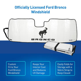 Holda sunshade installed on Bronco windshield for full coverage and cooling benefit