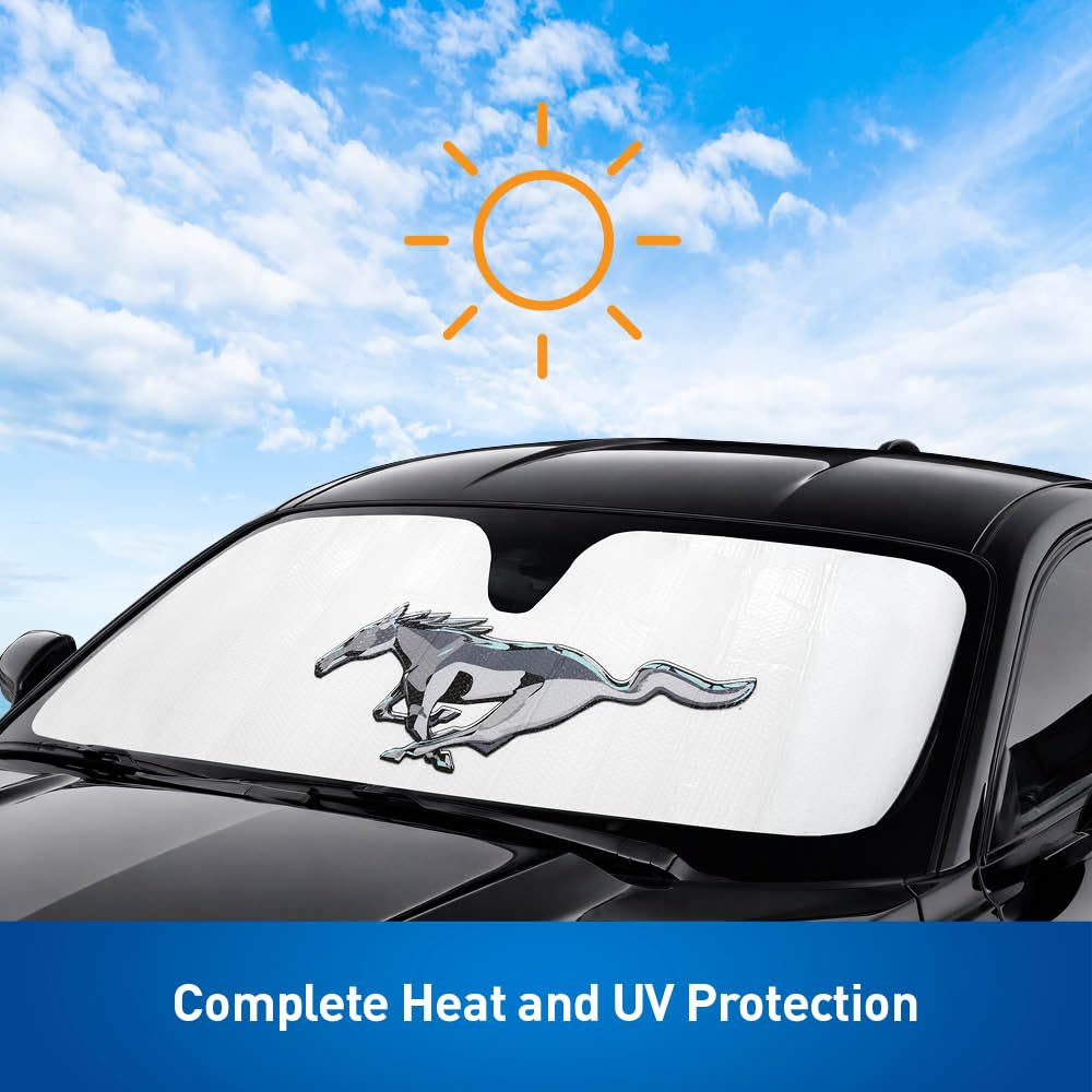 Holda sunshade in parked Mustang lifestyle shot demonstrating cooler cabin
