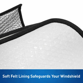 Holda sunshade beside ruler showing custom fit scale and exact coverage