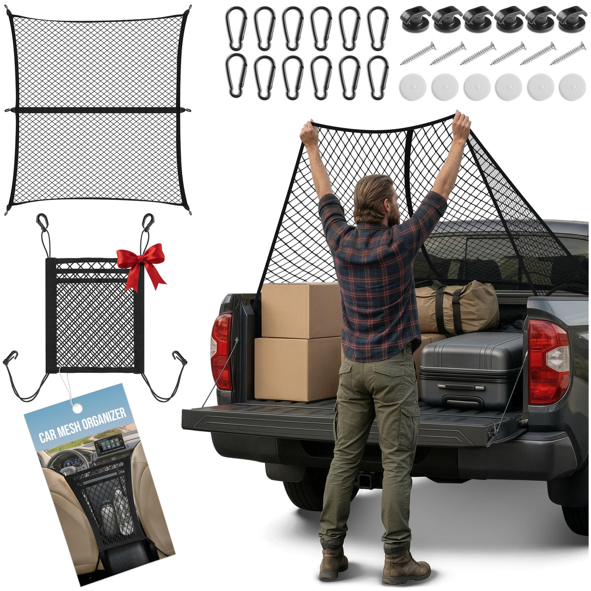 HOLDYNX front packaging showing net and included hardware for quick setup