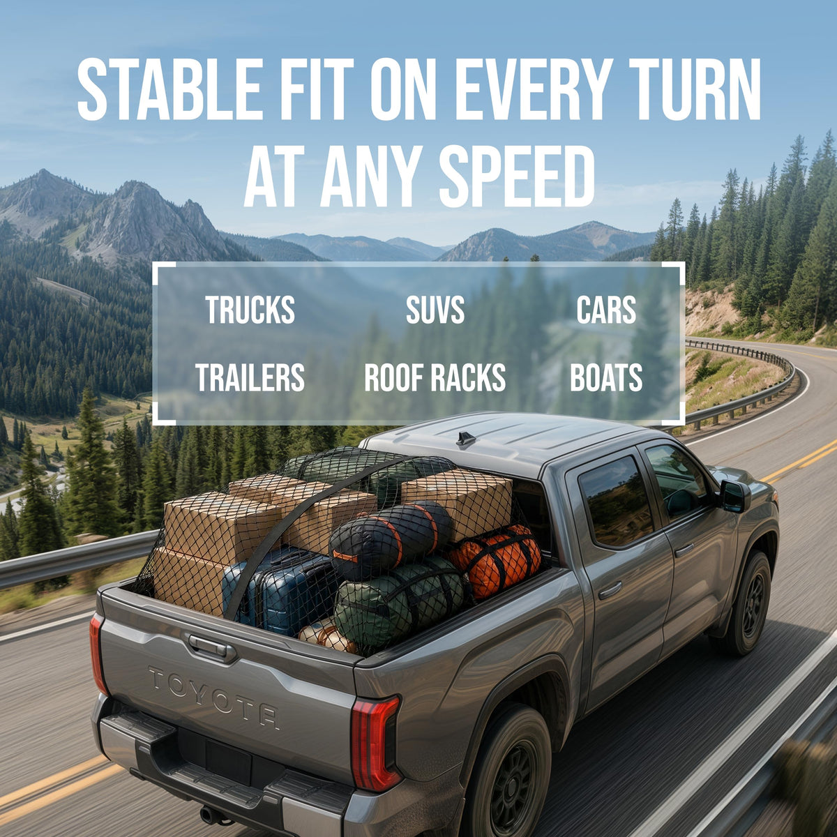 HOLDYNX net used on trailer at campsite keeping gear stable during travel