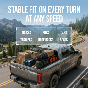 HOLDYNX cargo net securing camping gear on a truck for safe transport