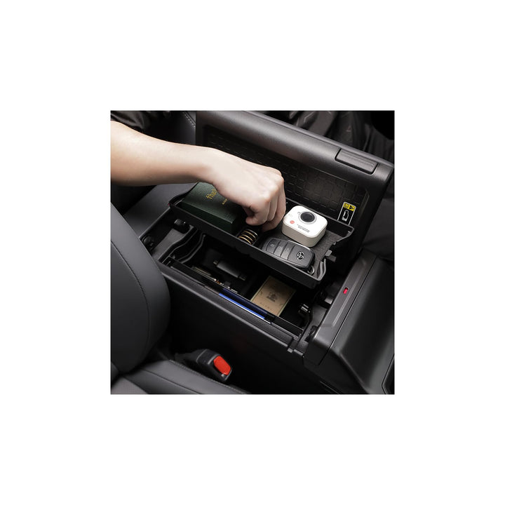 HOLEMISINN front view installed in 2026 RAV4 showing seamless OEM fit and neat storage