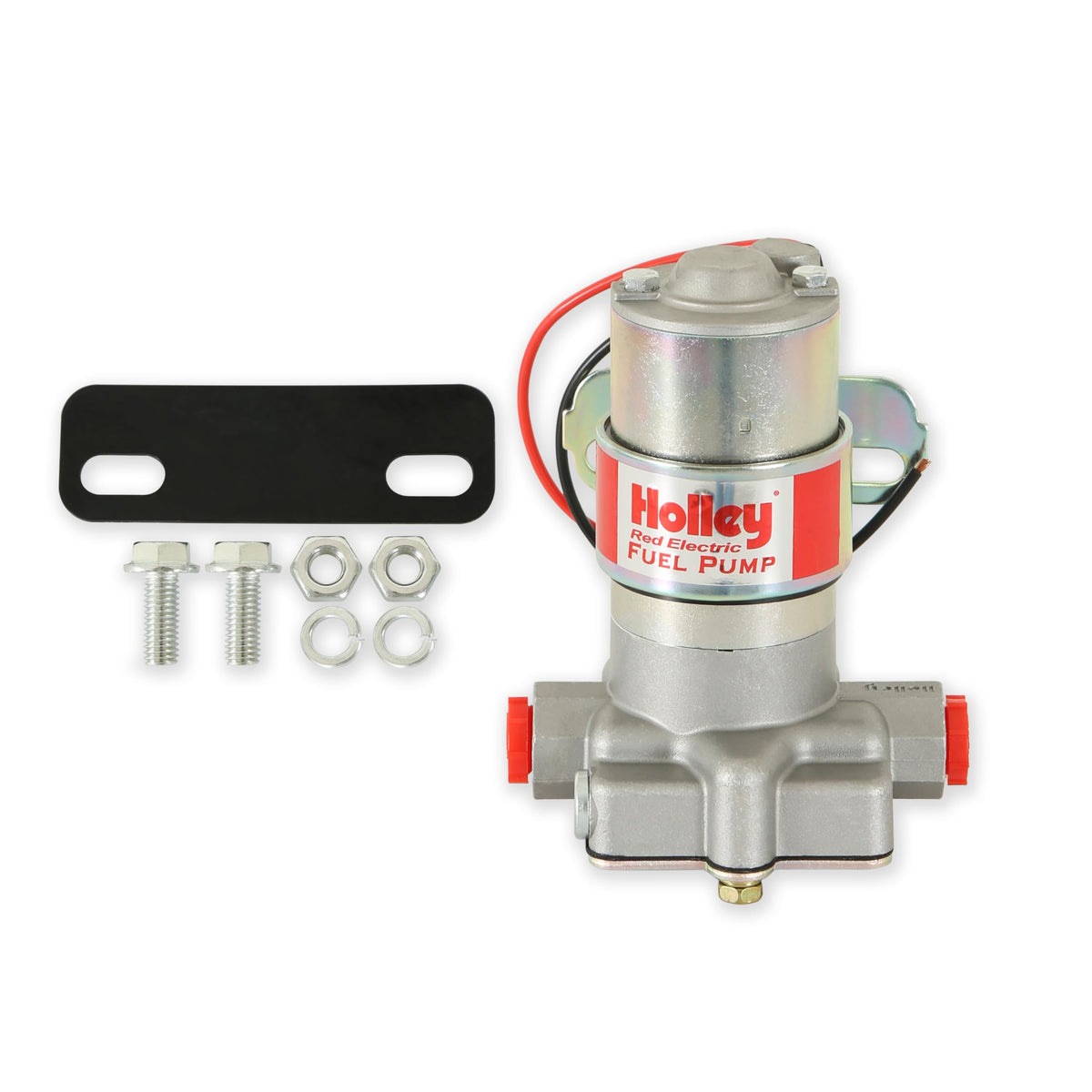 Holley RED pump front view showing compact design and polished finish benefit: easy mounting