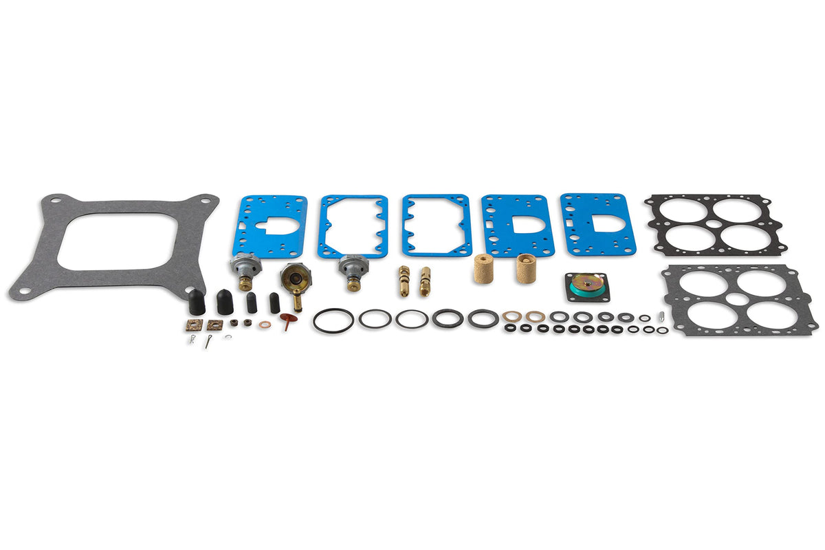 Holley parts tray organized view showing components for efficient rebuild workflow