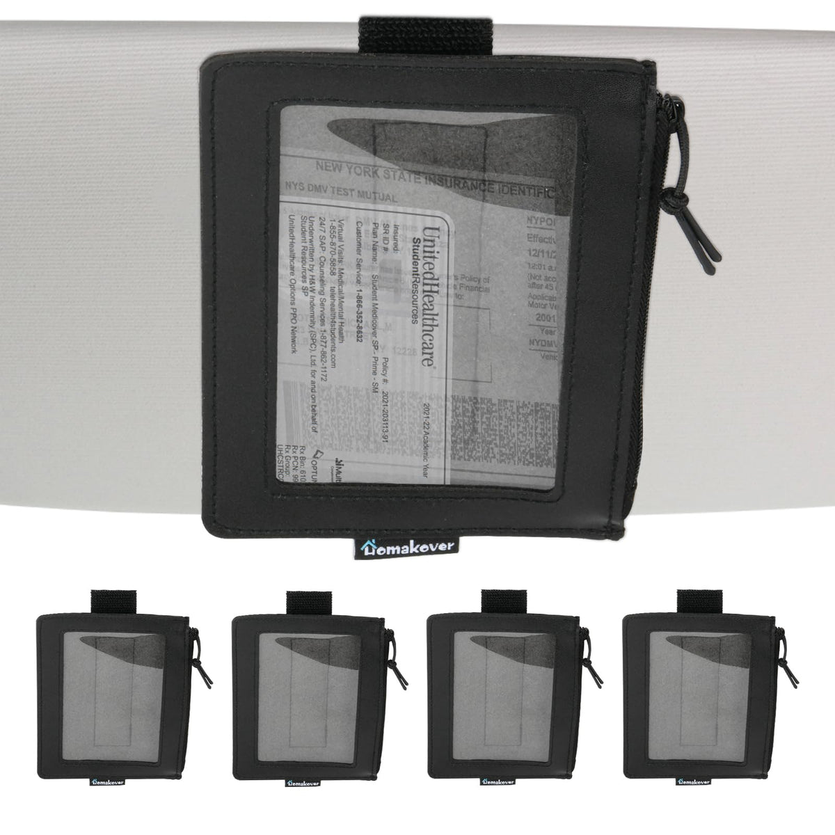 Homakover front view showing visor holder and clear pocket for quick access