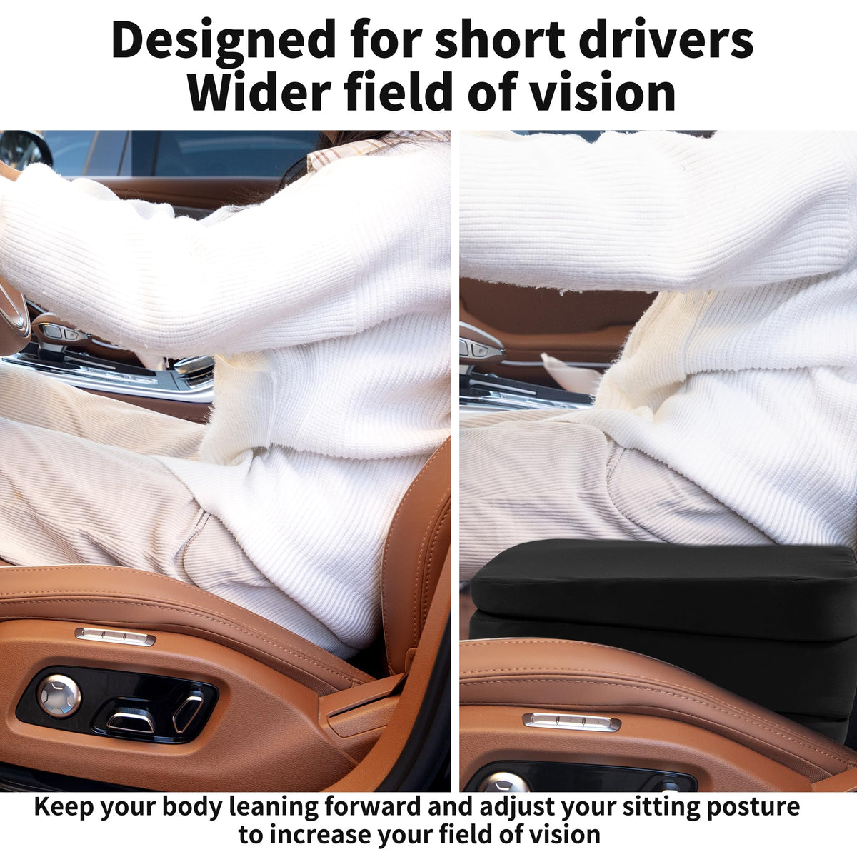 HOMBYS booster supporting a short driver demonstrating improved posture benefit