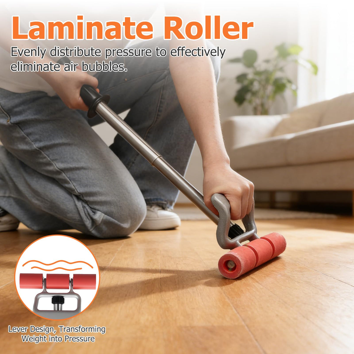 HOME RIGHT roller in use on LVP illustrating bubble elimination