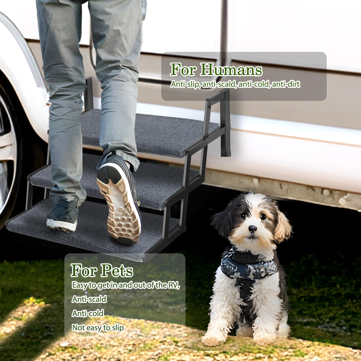 HOMEE lifestyle shot at RV entrance keeping dirt outside and cozy inside